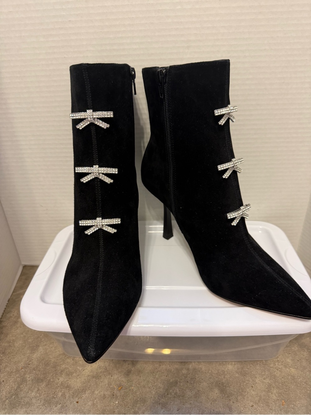 Black Suede Stiletto Ankle Boots with Crystal Bow Accents Sz 9